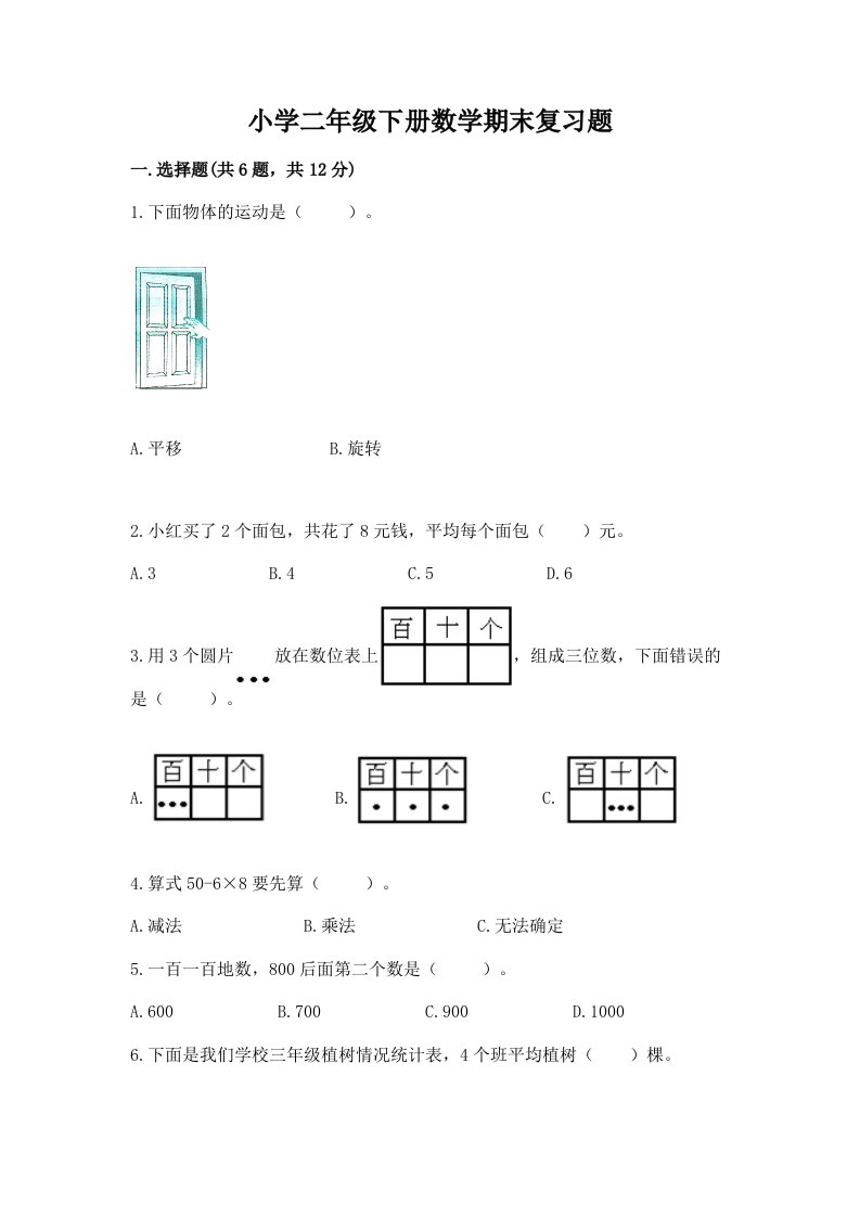 小学二年级下册数学期末复习题附参考答案（精练）