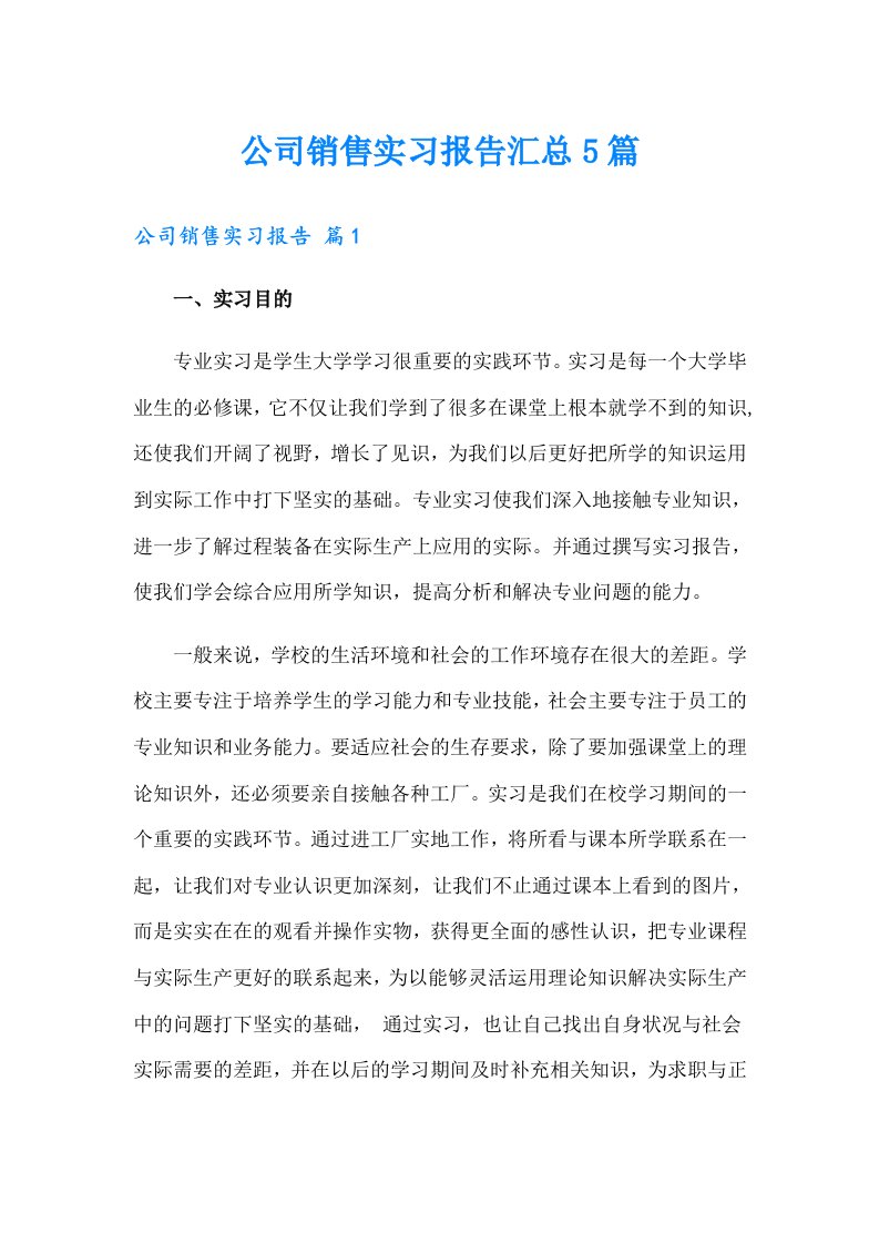 公司销售实习报告汇总5篇