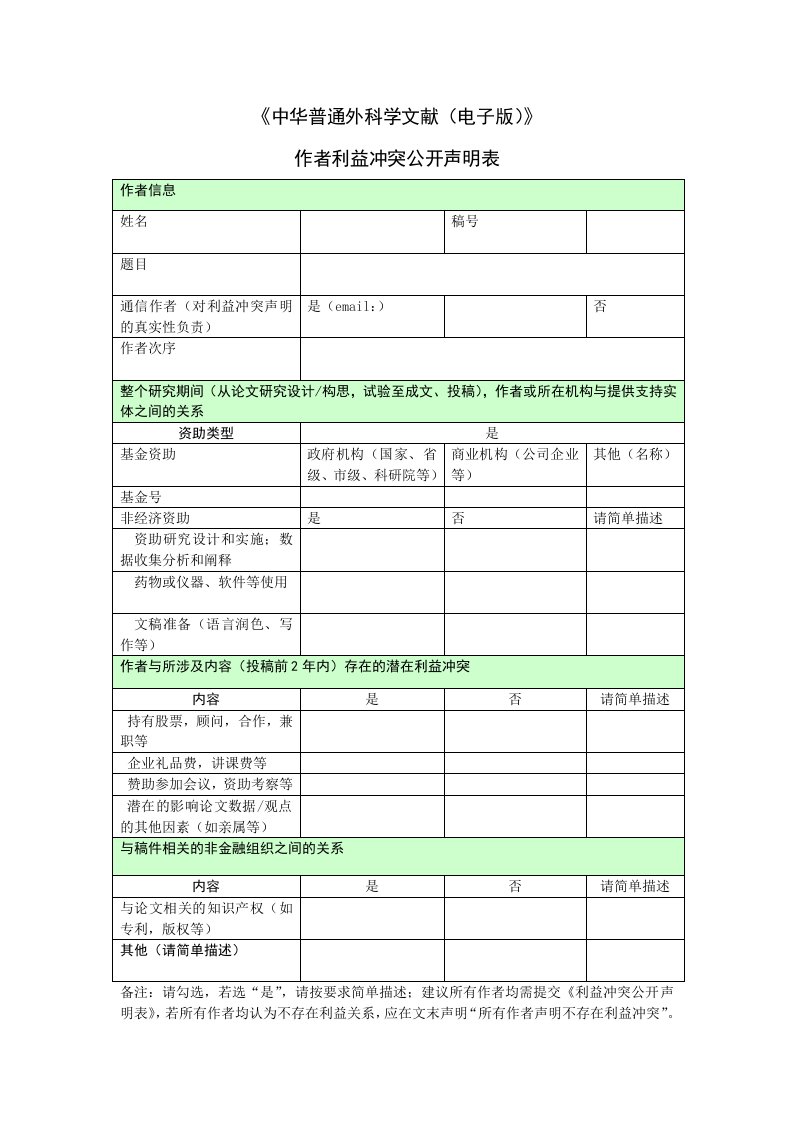 作者利益冲突公开声明表-中华普通外科学文献