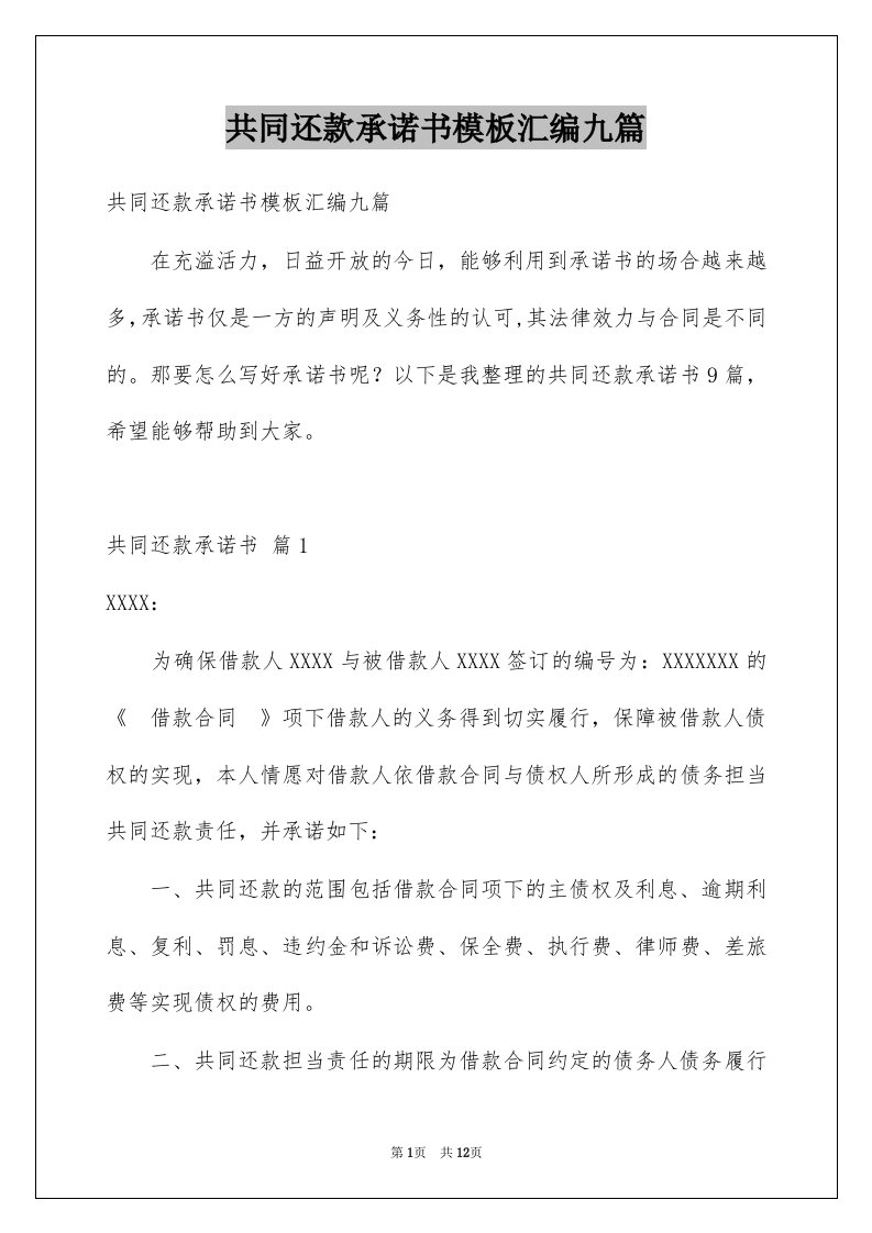 共同还款承诺书模板汇编九篇