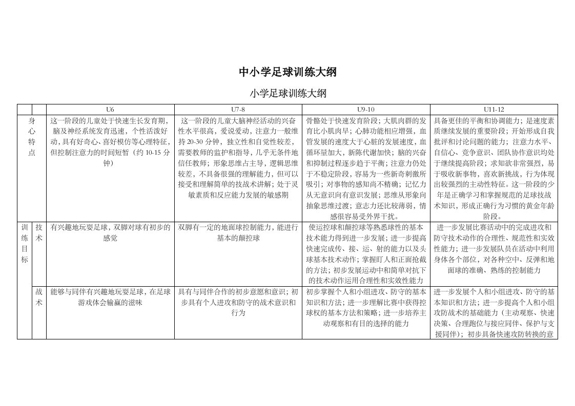 中小学足球训练大纲