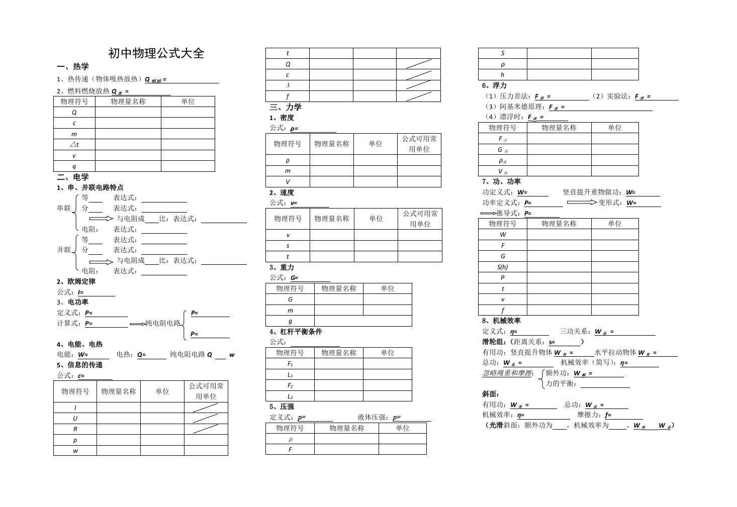 初中物理公式默写