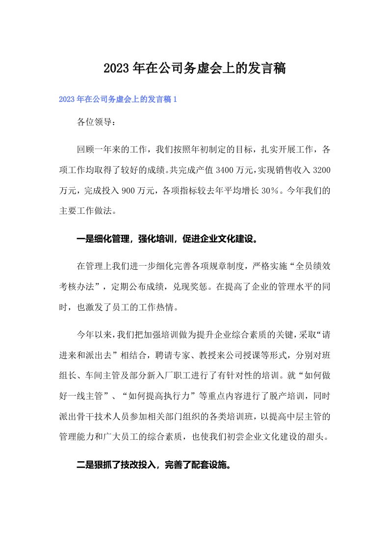 2023年在公司务虚会上的发言稿