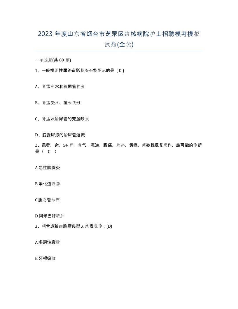 2023年度山东省烟台市芝罘区结核病院护士招聘模考模拟试题全优