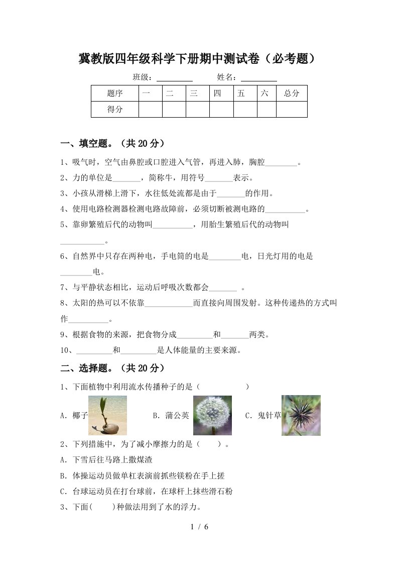 冀教版四年级科学下册期中测试卷必考题