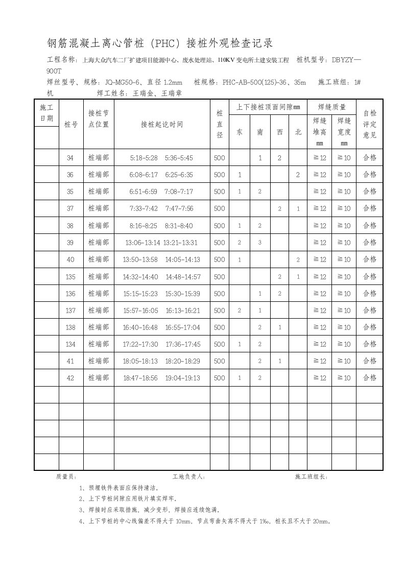 钢筋混凝土离心管桩(PHC)接桩外观检查记04录