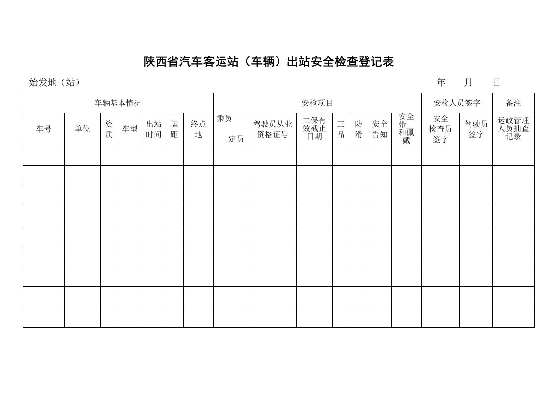 陕西省汽车客运站(车辆)出站安全检查登记表