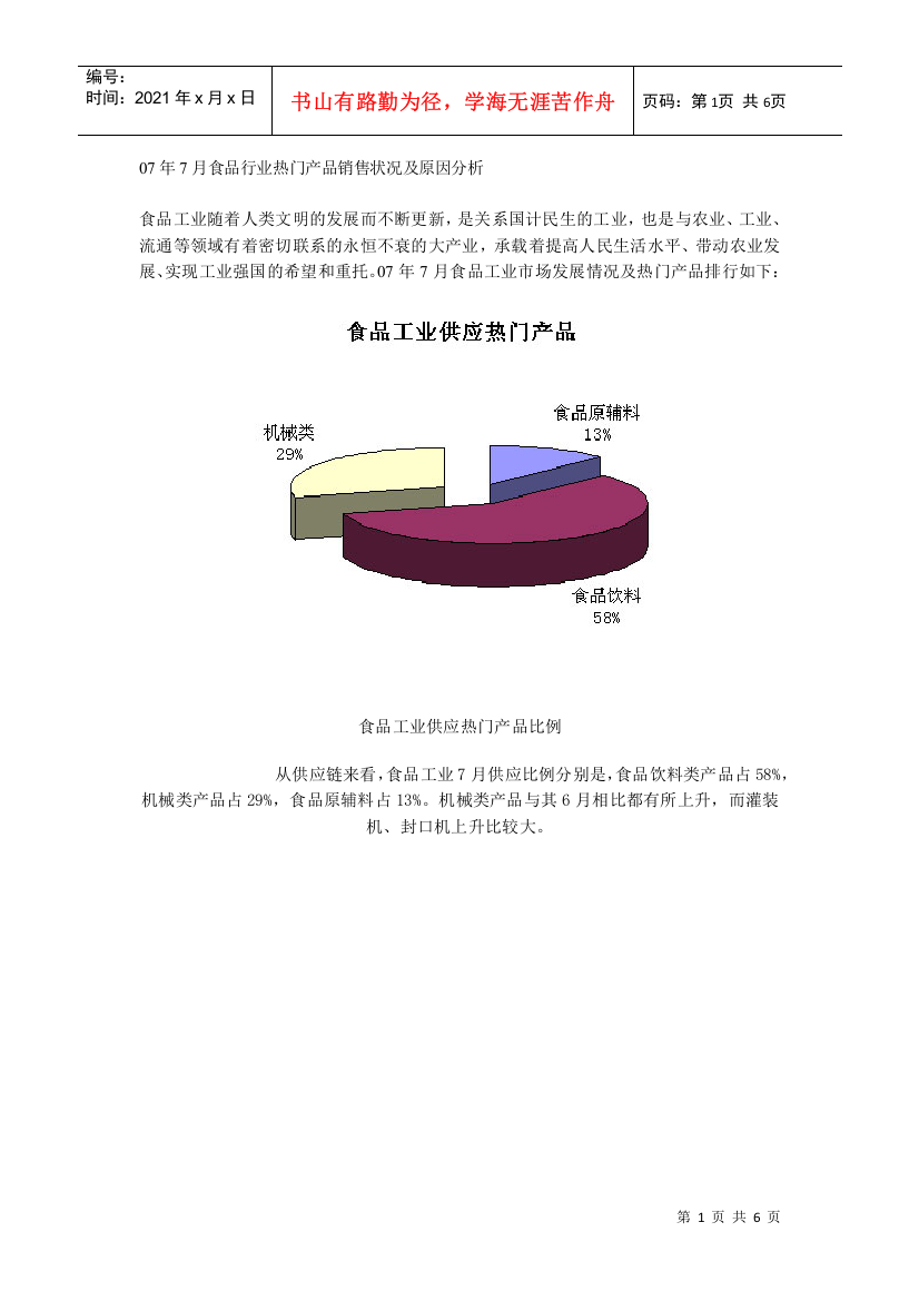 07年7月食品行业热门产品销售状况及原因分析