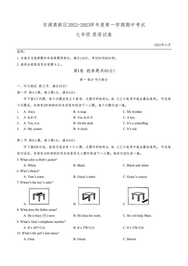 湖北省武汉市东湖高新区2022-2023学年七年级上学期期中考试英语试卷(含答案)