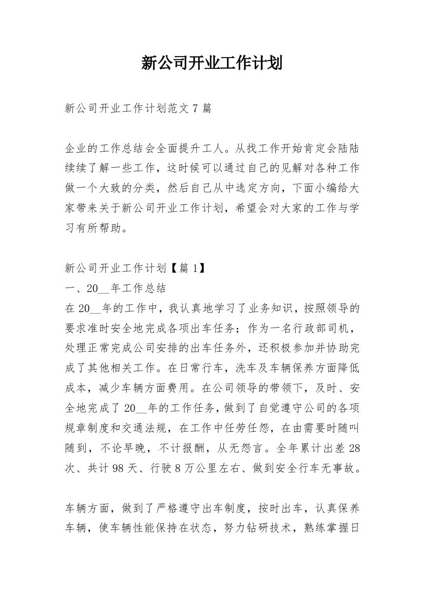 新公司开业工作计划