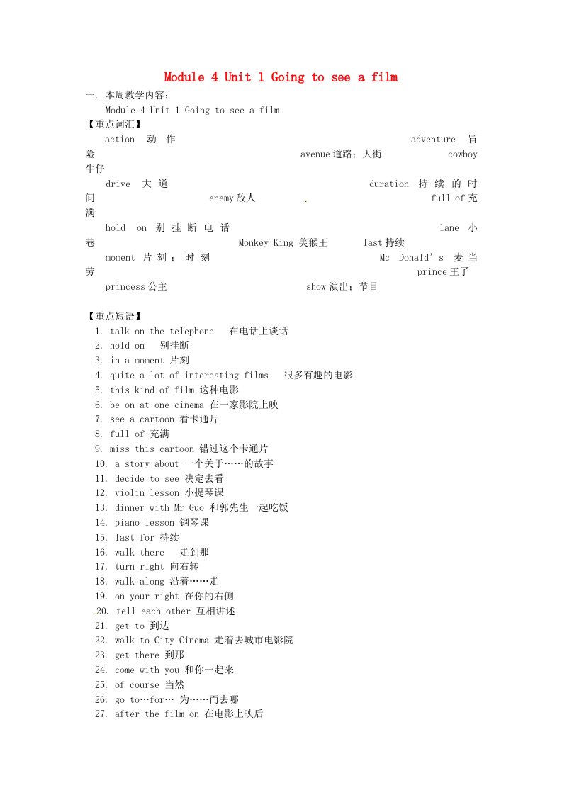 辽宁省法库县东湖第二初级中学七年级英语下册Module4Unit1Goingtoseeafilm知识精讲牛津沈阳版