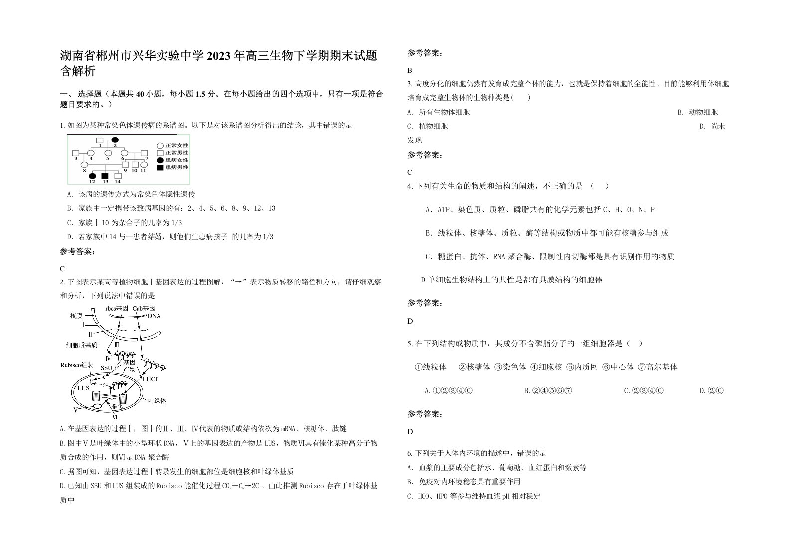 湖南省郴州市兴华实验中学2023年高三生物下学期期末试题含解析