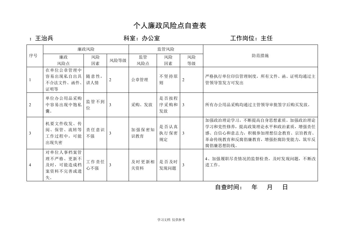 个人廉政风险点自查表