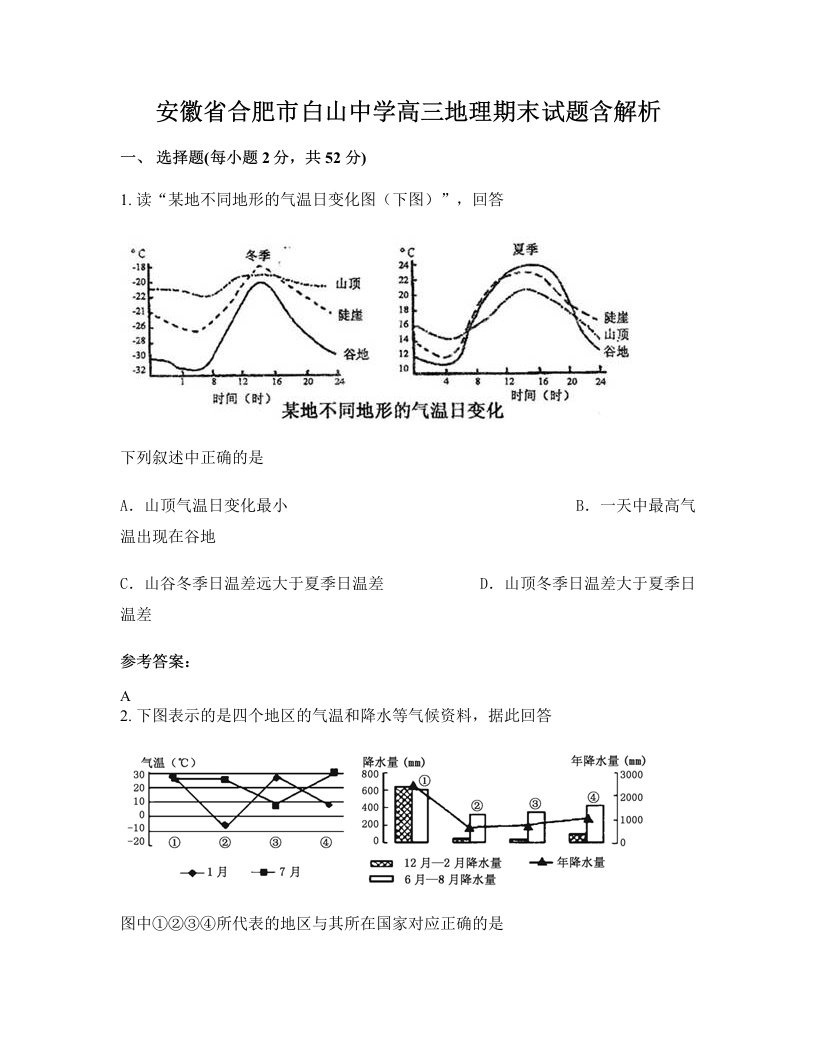 安徽省合肥市白山中学高三地理期末试题含解析