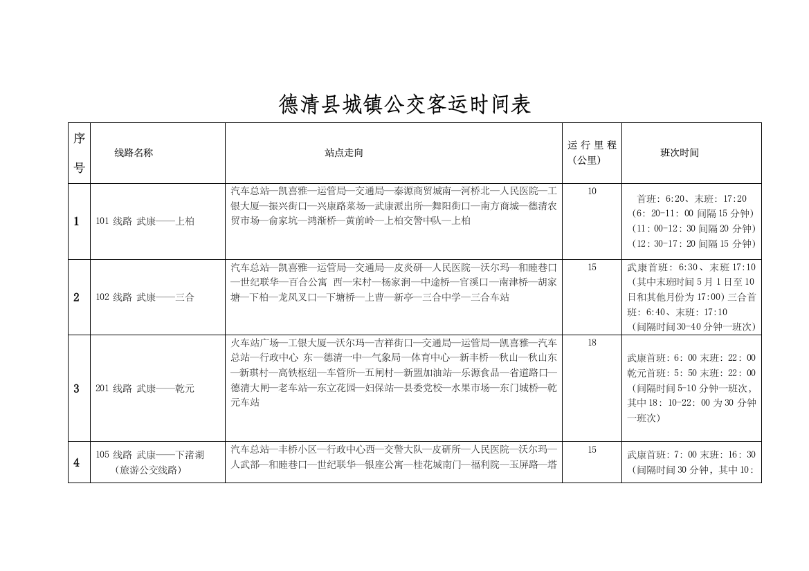 德清县城乡公交客运时间表