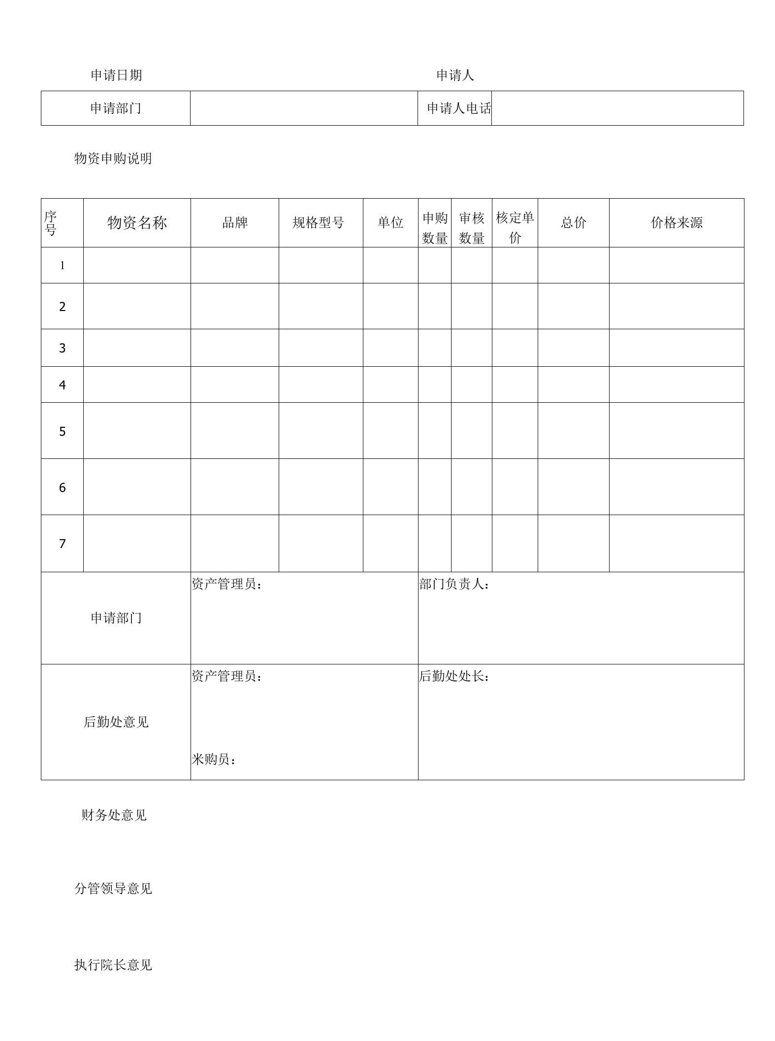 院校物资申购审批样表