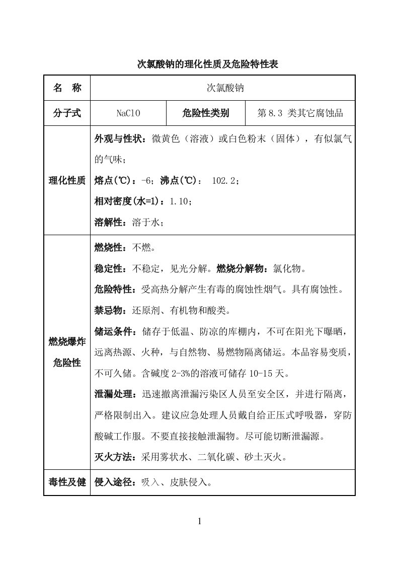 次氯酸钠的理化性质及危险特性表