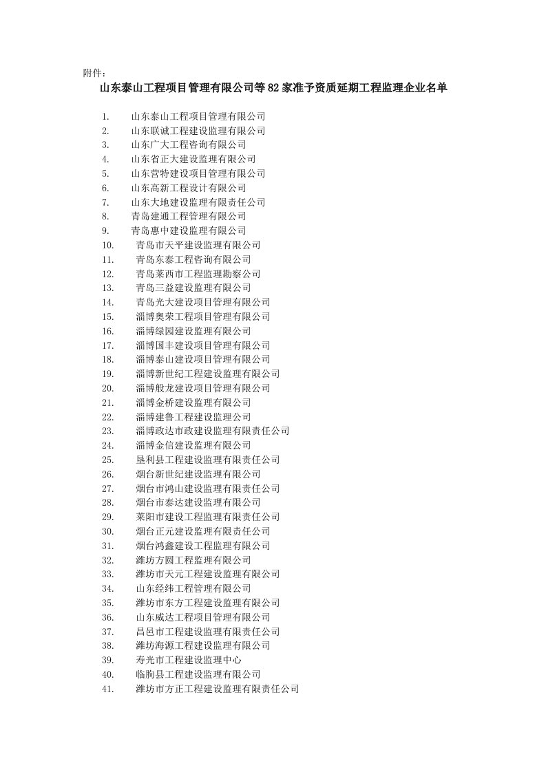 山东泰山工程项目管理有限公司等82家准予资质延期工程
