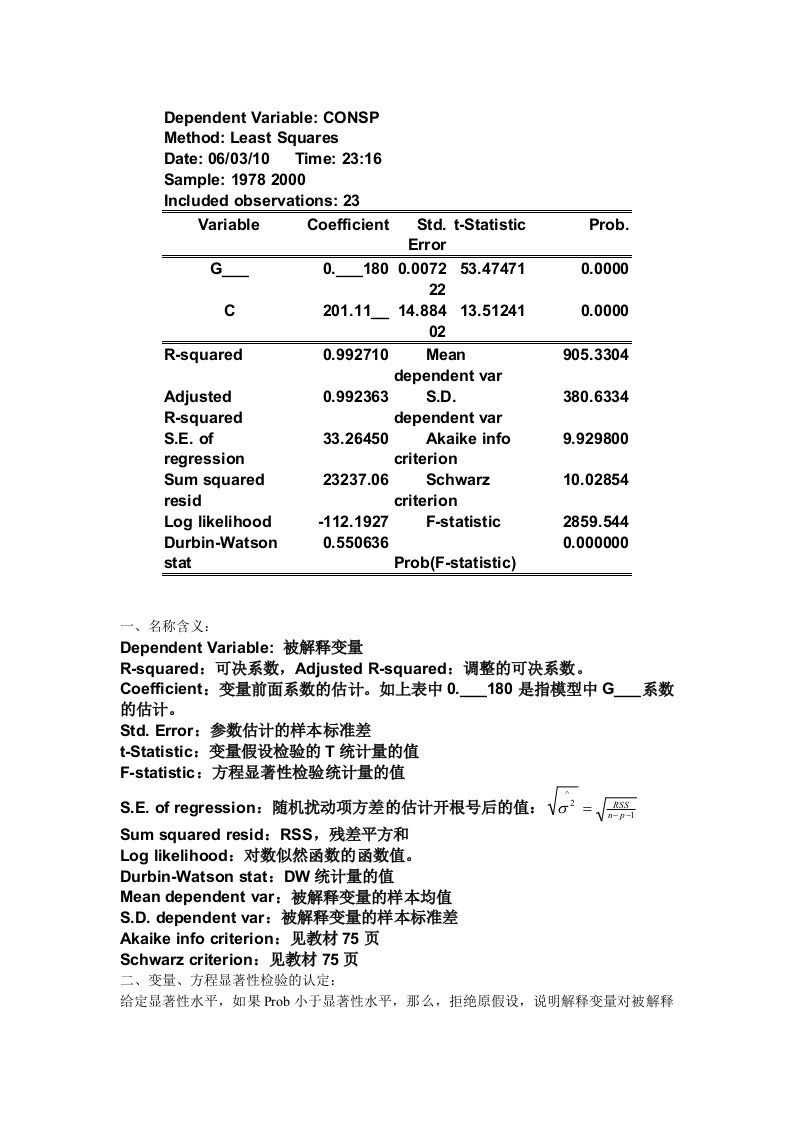 普通最小二乘估计表格的解释