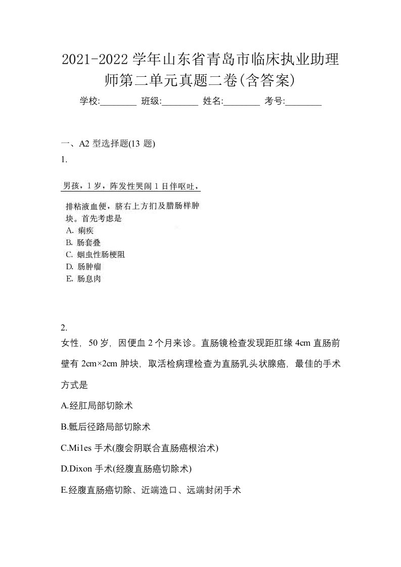 2021-2022学年山东省青岛市临床执业助理师第二单元真题二卷含答案