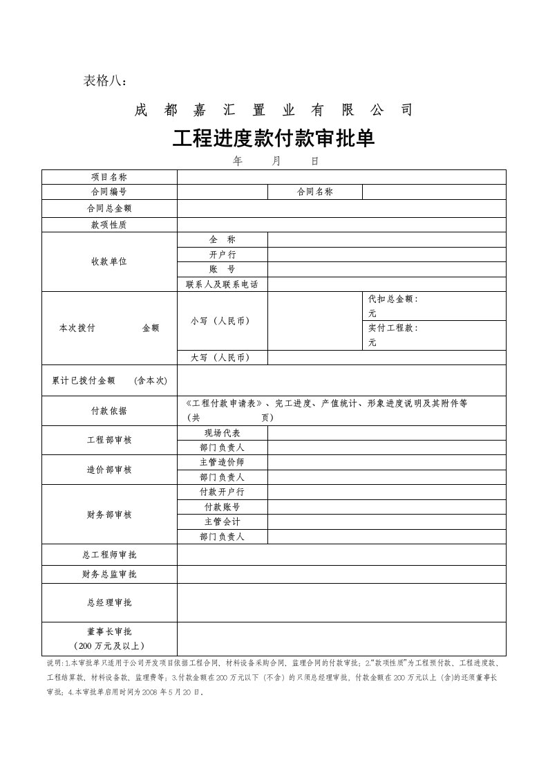 工程进度款付款审批单