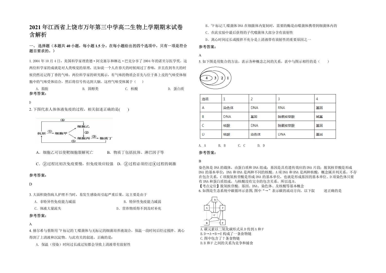 2021年江西省上饶市万年第三中学高二生物上学期期末试卷含解析