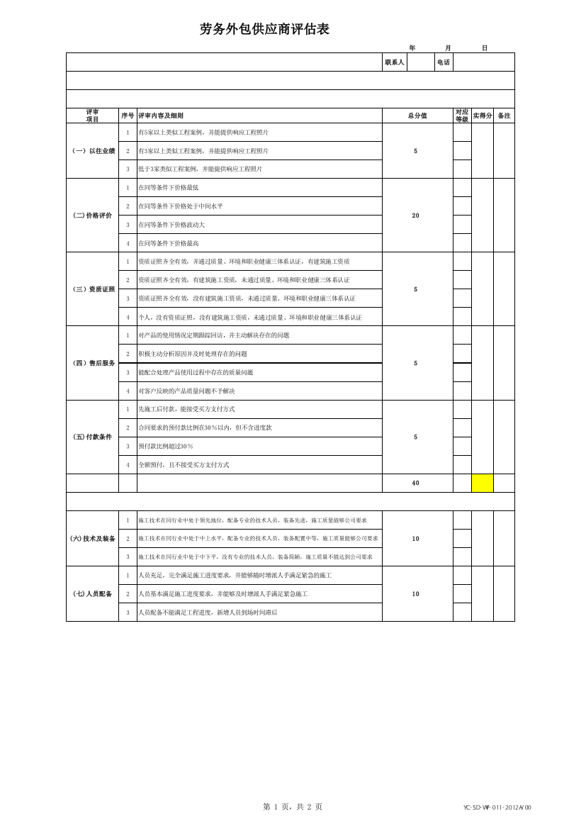 外包供应商评价表