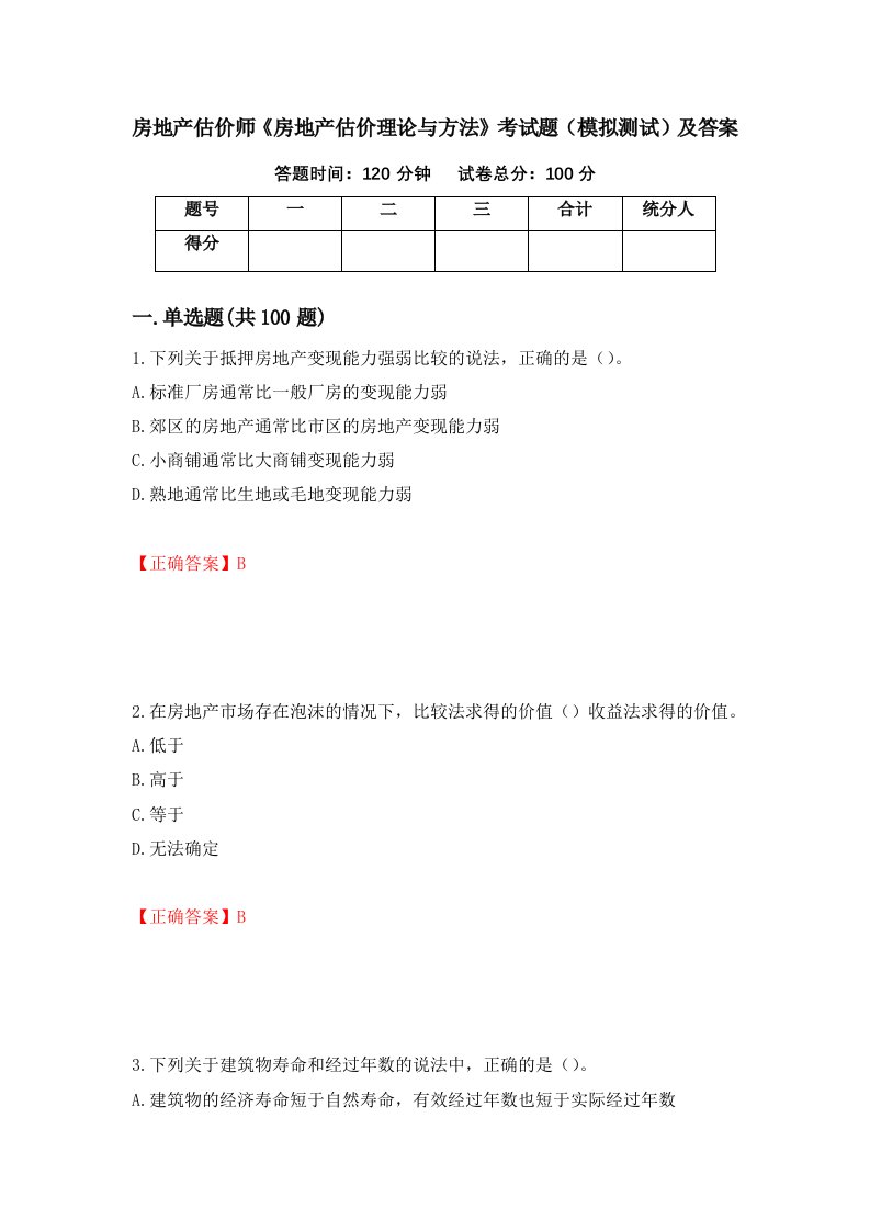 房地产估价师房地产估价理论与方法考试题模拟测试及答案第55卷