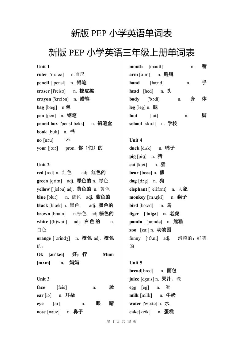 新人教版PEP小学英语单词表【整理版】