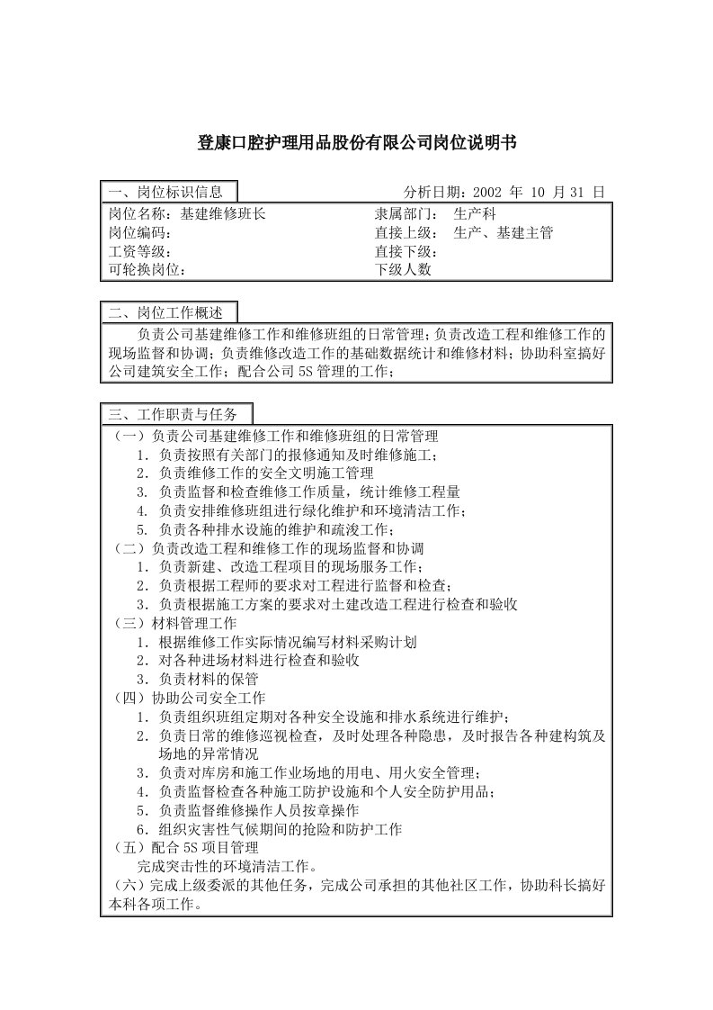 登康口腔护理用品有限公司岗位说明书大全30