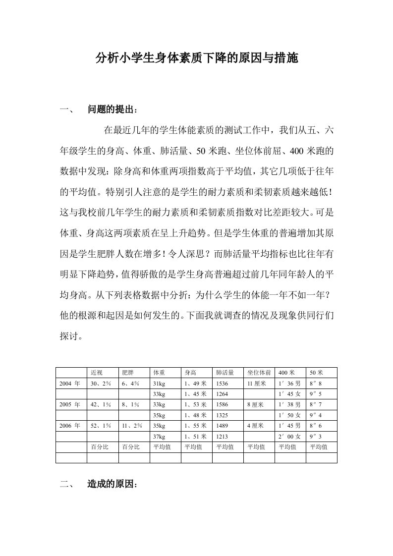 分析小学生身体素质下降的原因与措施