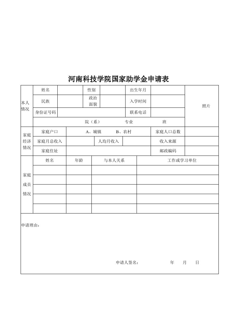 河南科技学院国家助学金申请表与调查表