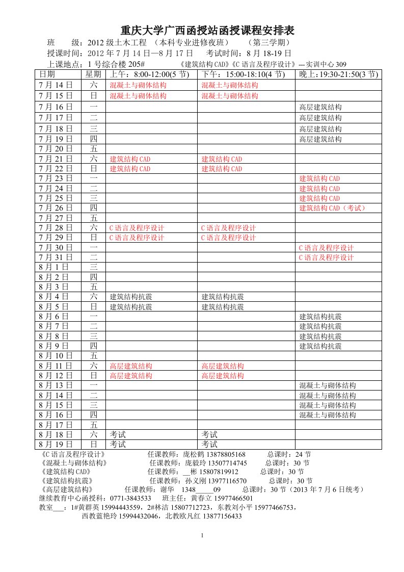 重庆大学广西函授站函授课程安排表