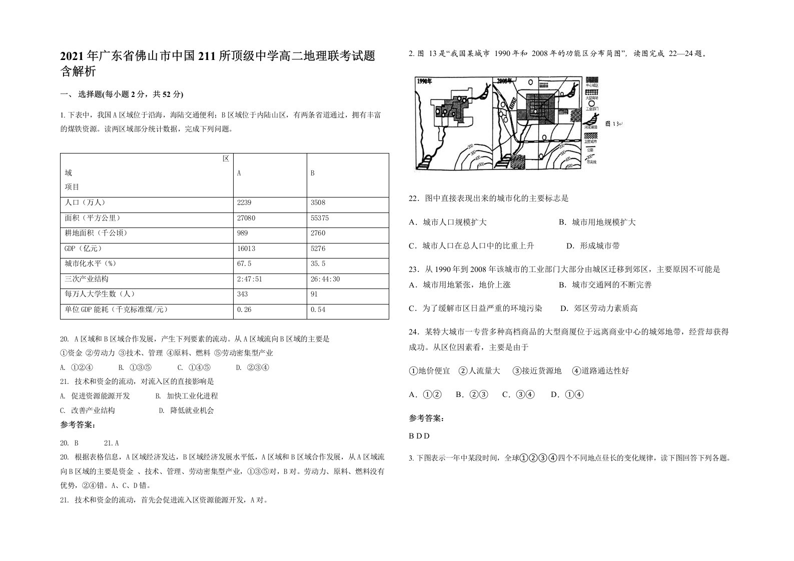 2021年广东省佛山市中国211所顶级中学高二地理联考试题含解析