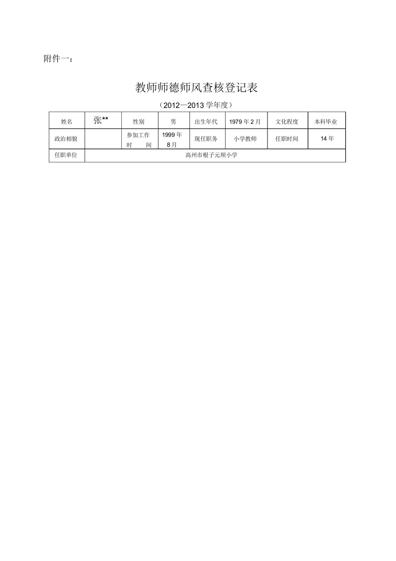 教师师德师风考核登记表