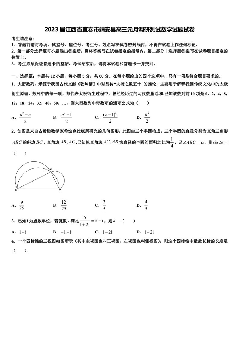 2023届江西省宜春市靖安县高三元月调研测试数学试题试卷