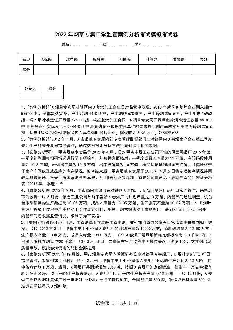 2022年烟草专卖日常监管案例分析考试模拟考试卷