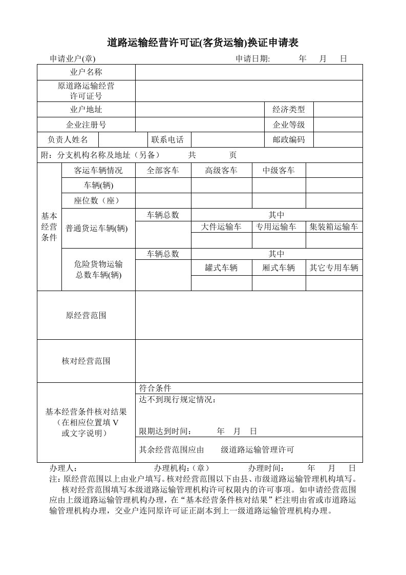 道路运输经营许可证（客货运输）换证申请表