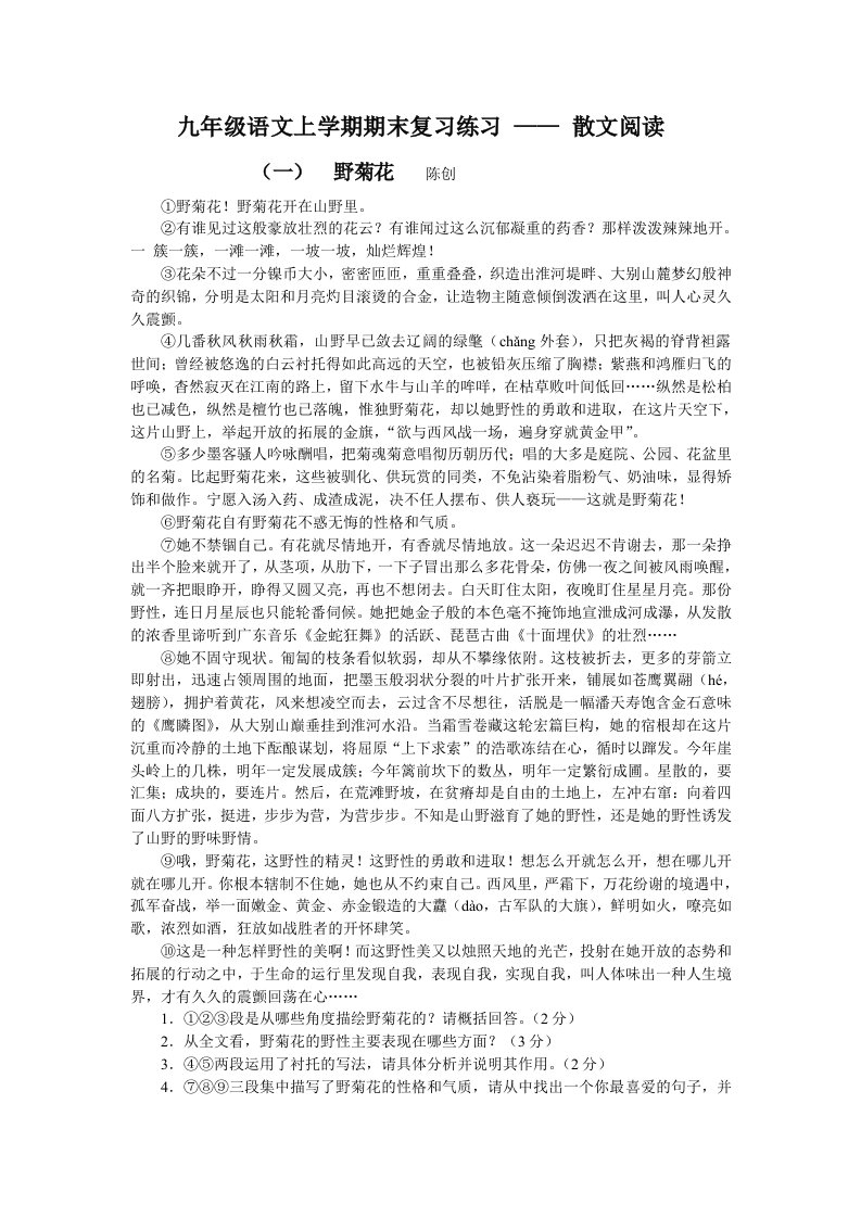 九年级语文上学期期末复习散文阅读