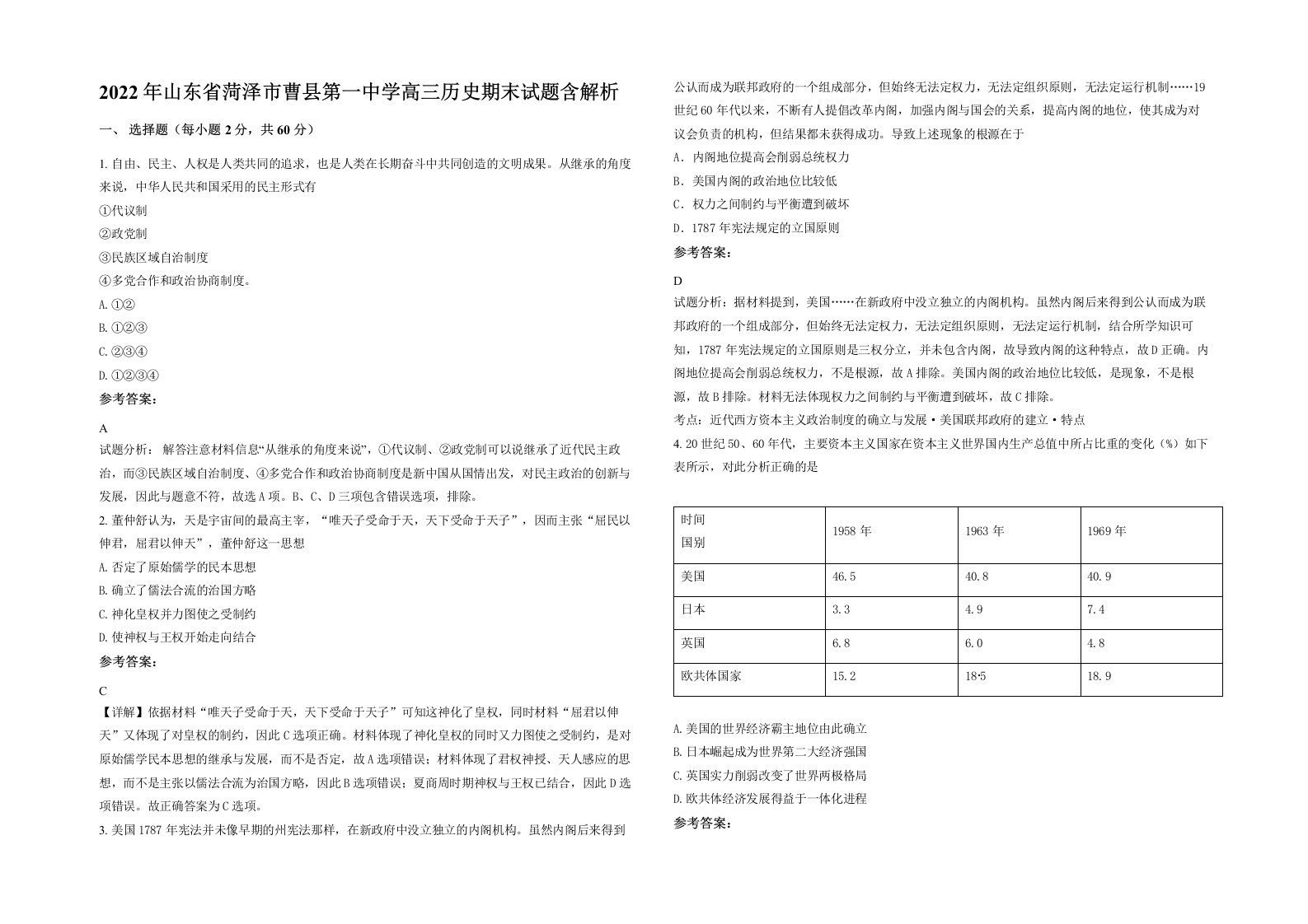 2022年山东省菏泽市曹县第一中学高三历史期末试题含解析