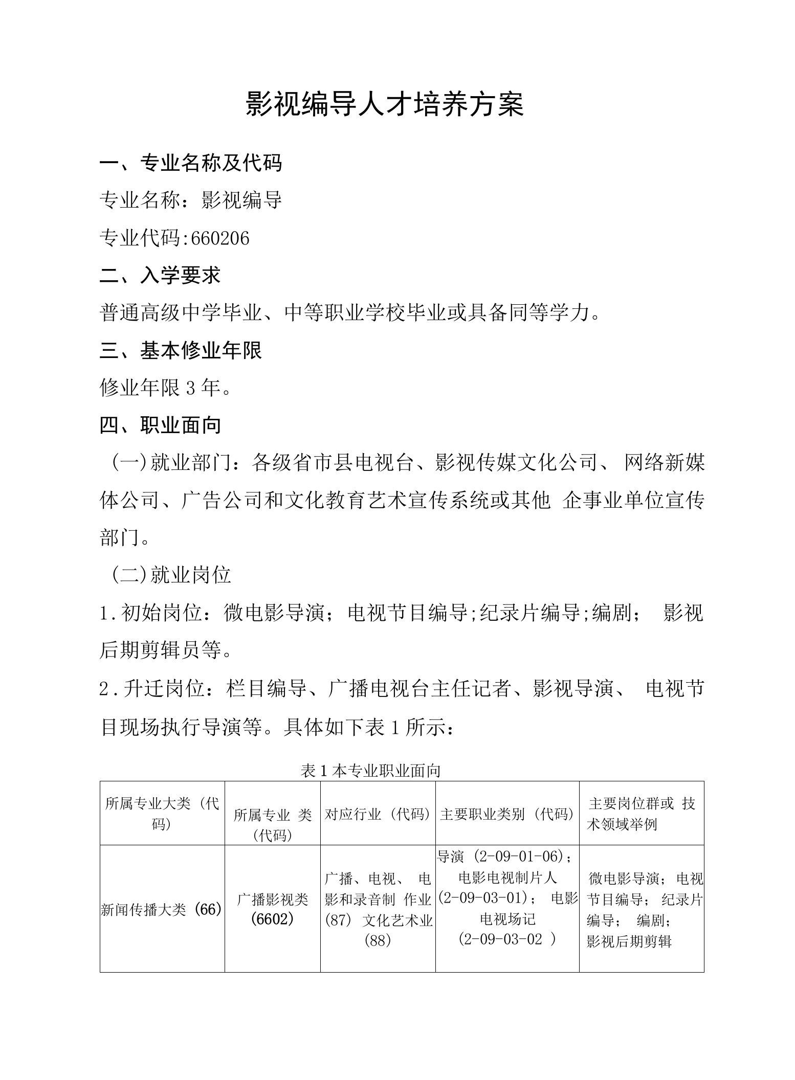 影视编导人才培养方案(高职)