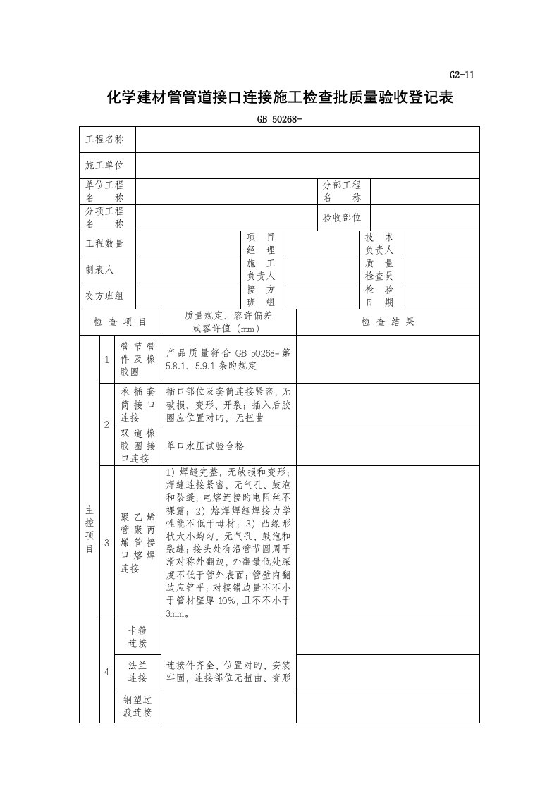 化学建材管管道接口连接施工检验批质量验收记录表