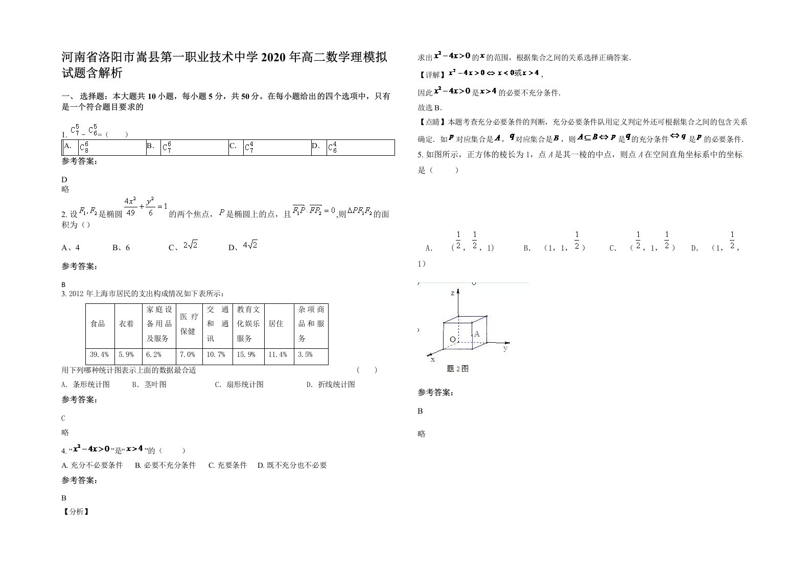 河南省洛阳市嵩县第一职业技术中学2020年高二数学理模拟试题含解析