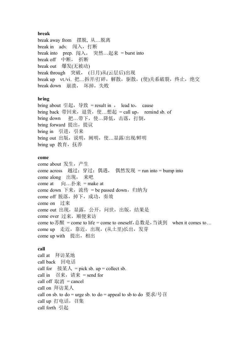 初中常用英语动词词组