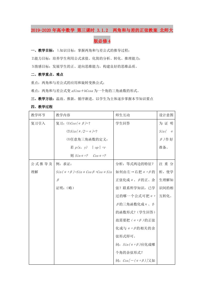 2019-2020年高中数学