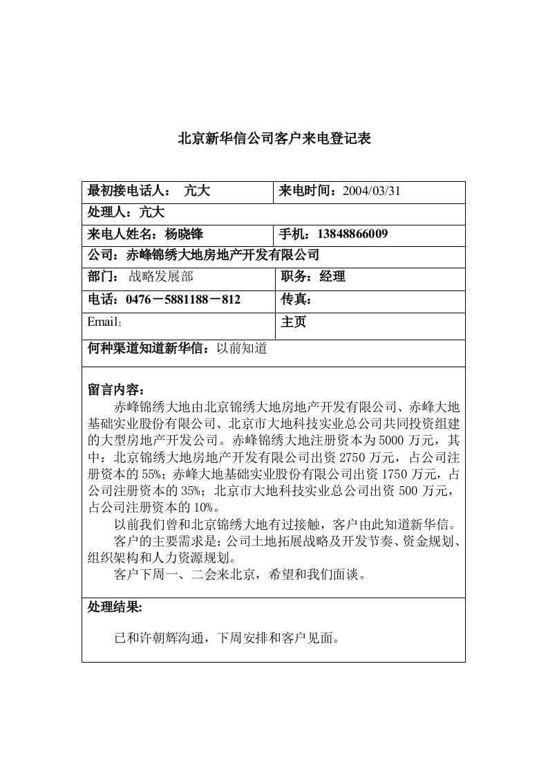 北京新华信公司客户来电登记表