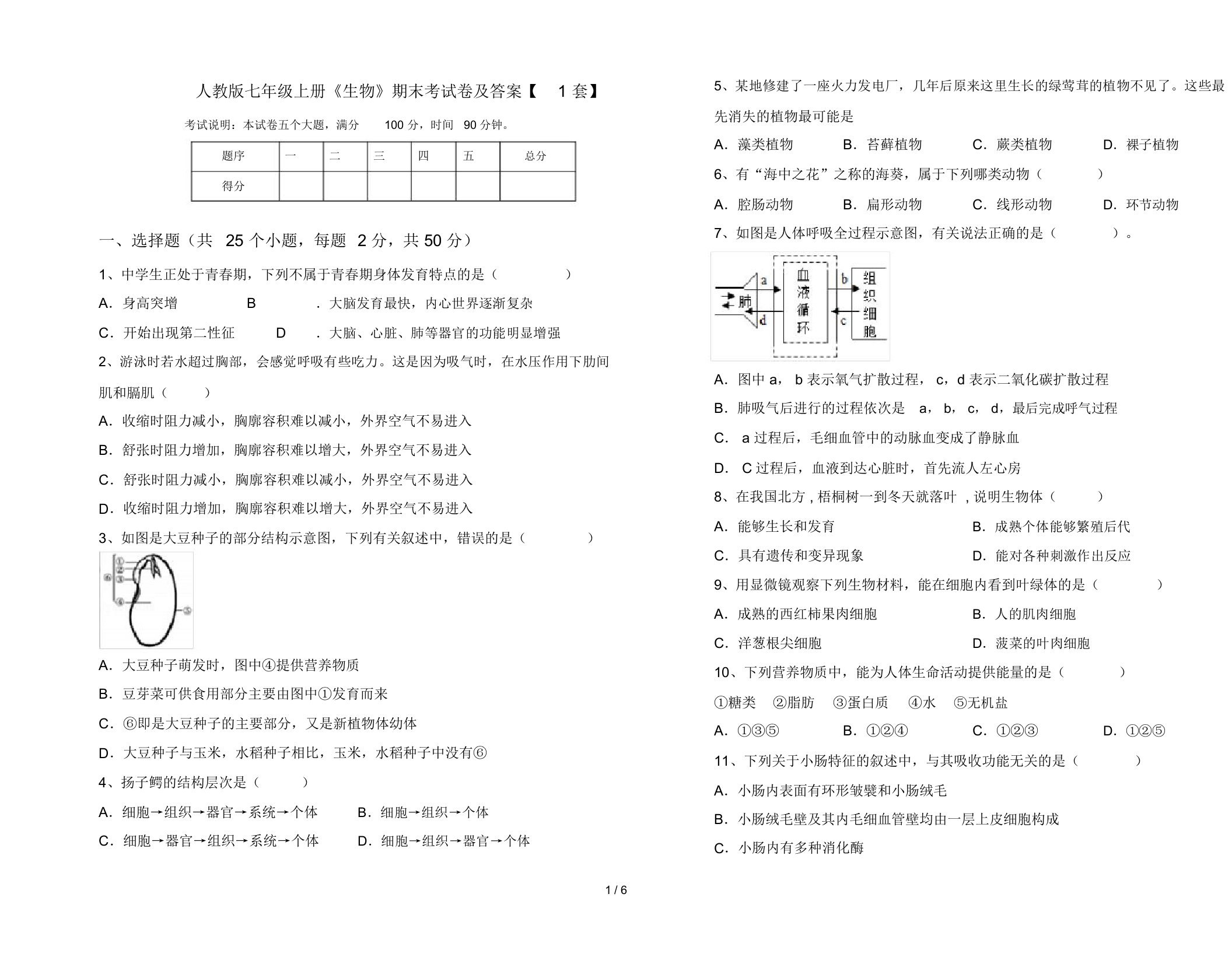 人教版七年级上册《生物》期末考试卷及答案【1套】