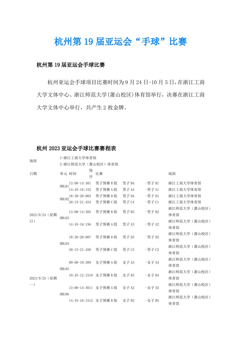 杭州第19届亚运会“手球”比赛