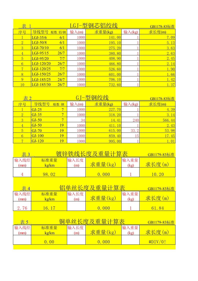 导线长度及重量计算表