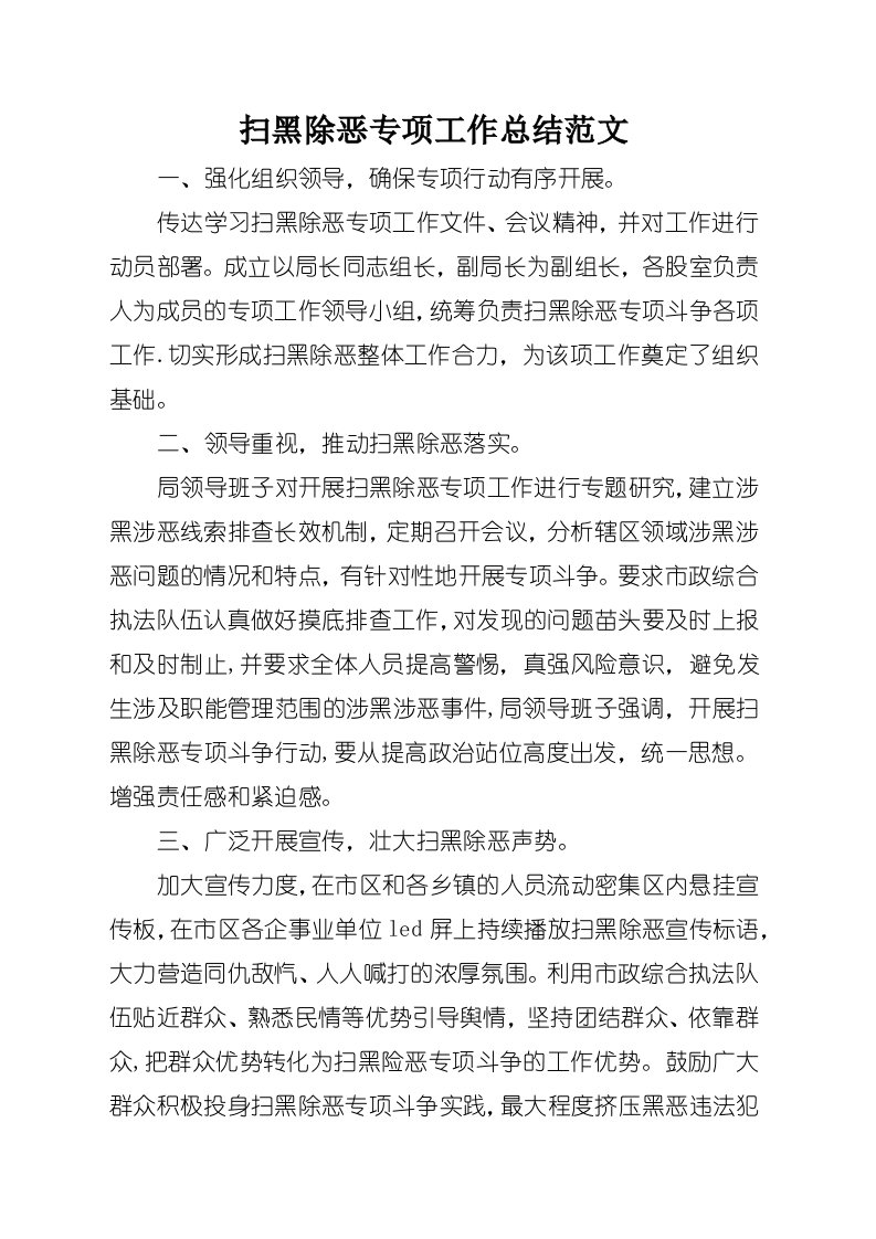 扫黑除恶专项工作总结范文